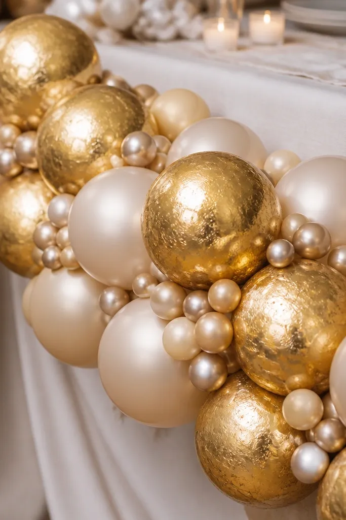 Gold leaf style balloon garland with champagne metallic accents