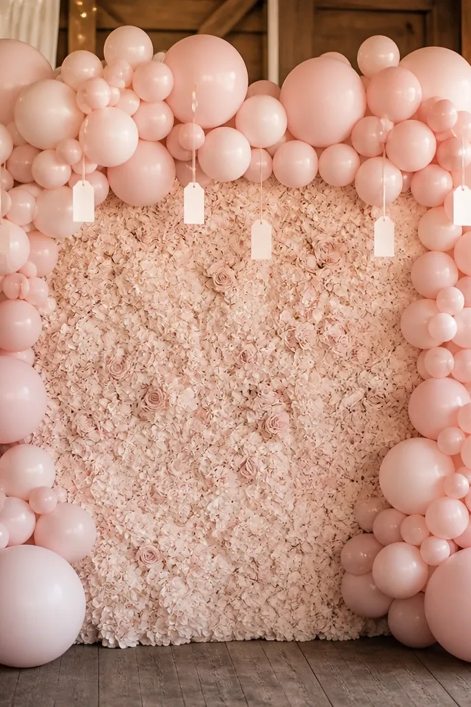 Blush balloon wall with a 3D flower center and small hanging tags