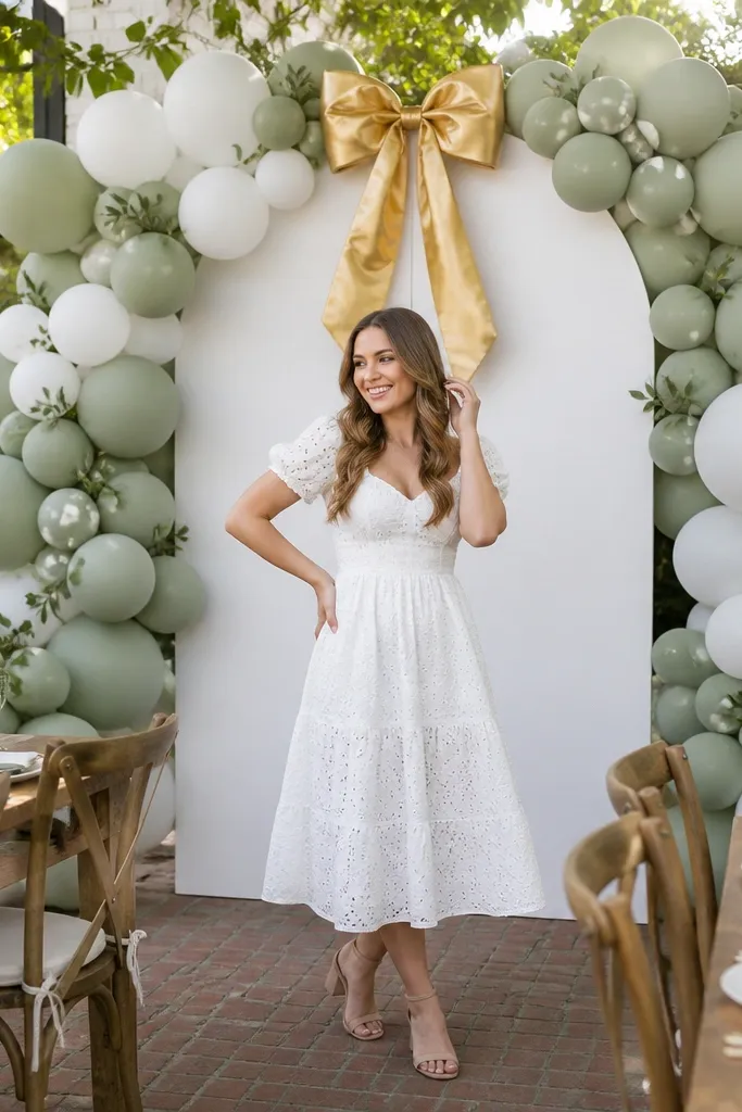 Matte sage and white balloon backdrop with a gold bow banner
