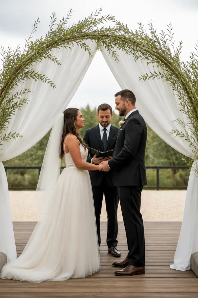 Willow arch with white fabric panels and lights behind