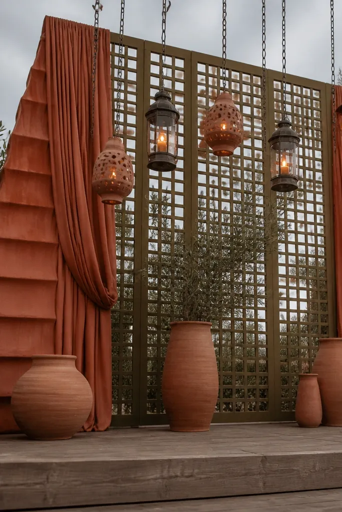 Terracotta lattice backdrop with olive greenery and hanging lanterns