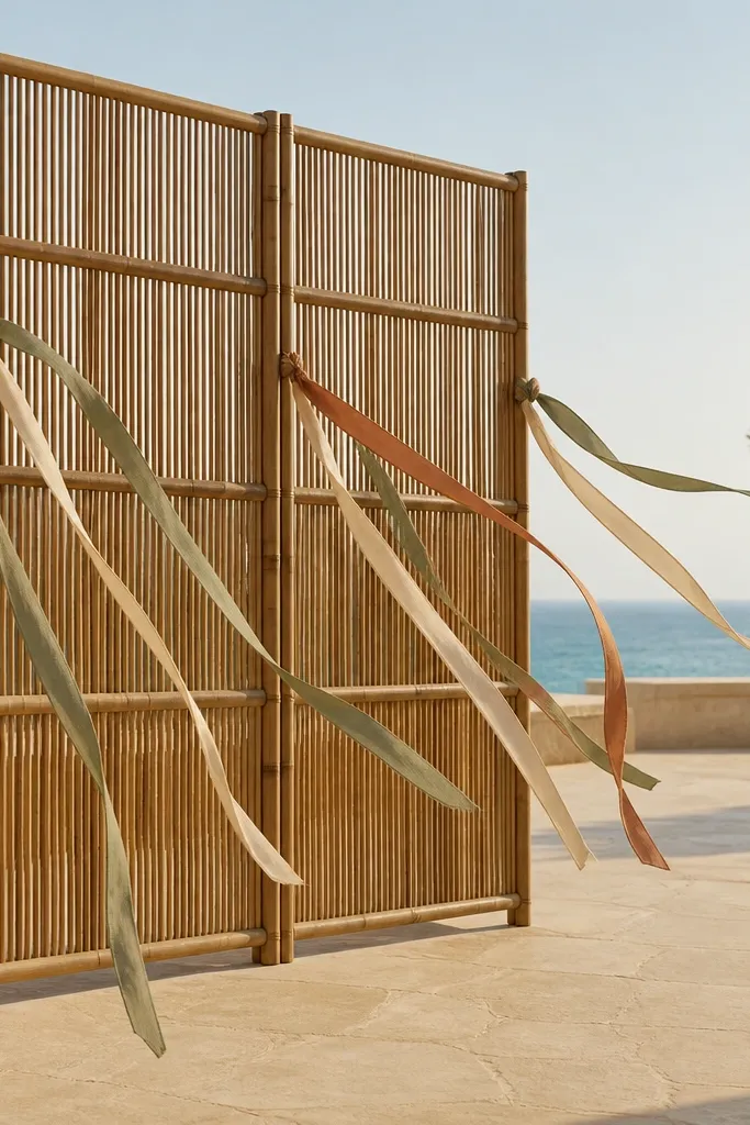 Bamboo screen with thin silk ribbons hanging in lines