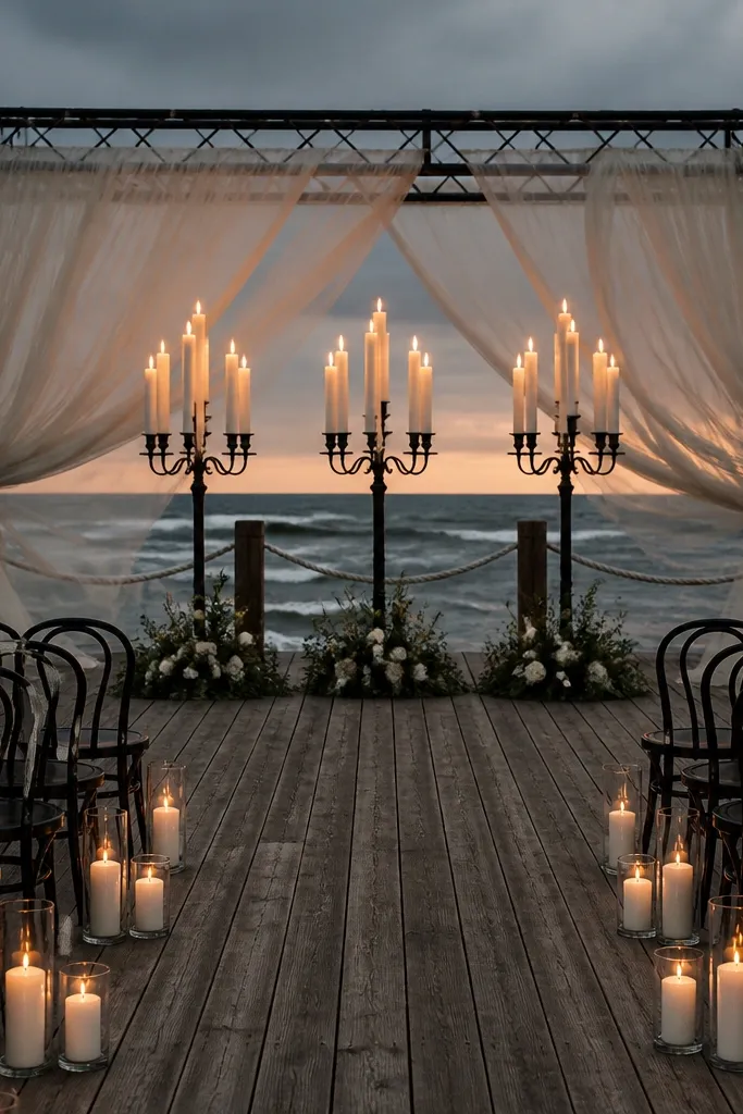 Black metal candelabra with white pillar candles on stage
