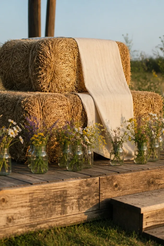 Hay bales wrapped in cream fabric with small flower sprigs