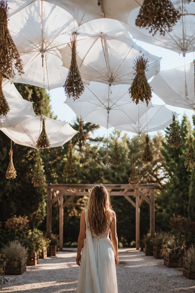White umbrella canopy with hanging dried herb bundles