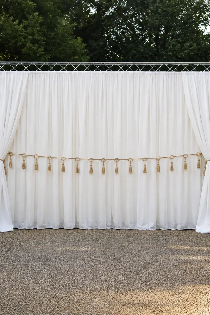 White curtain wall with brass rings and hanging tassels