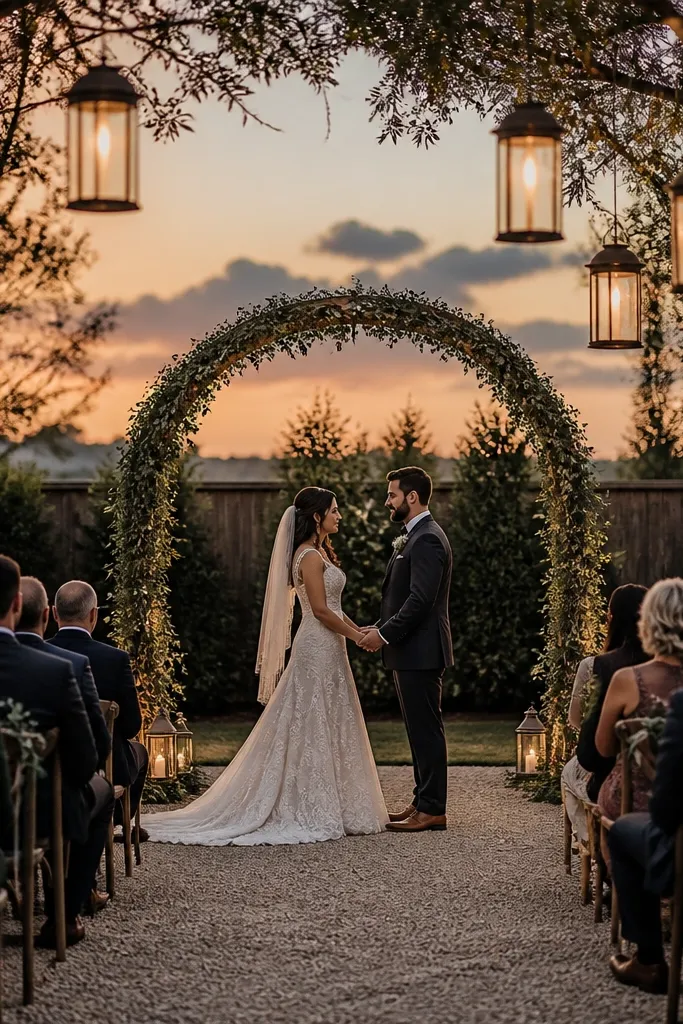 Simple arch with greenery rope swag and hanging lanterns