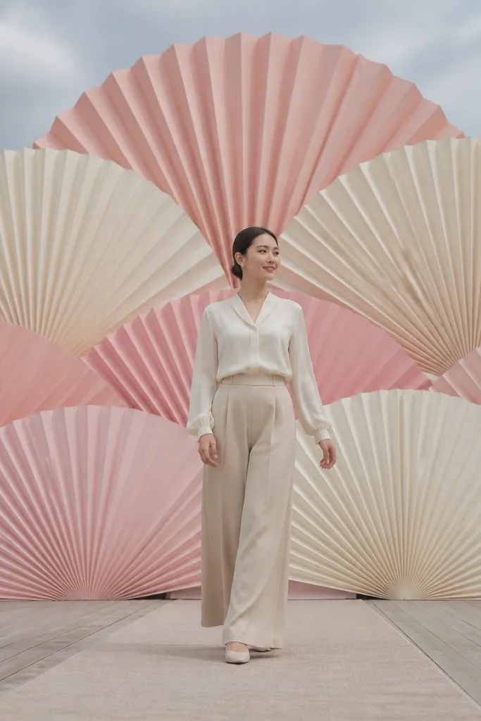 Large paper fan backdrop in soft pink and cream