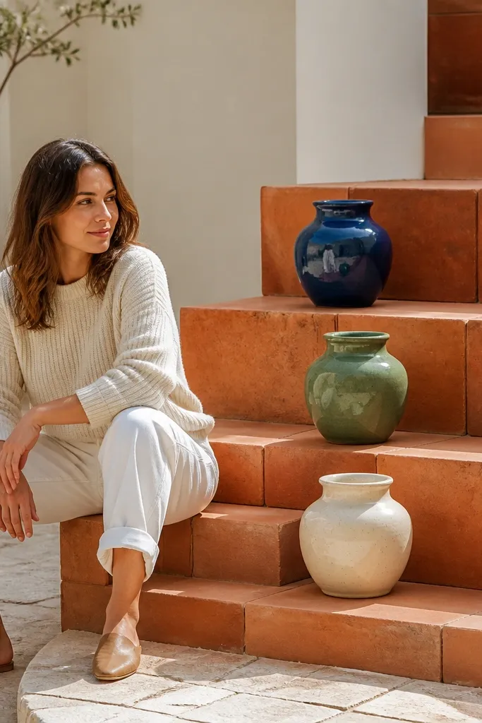 Terracotta step platform with color-blocked flower vessels