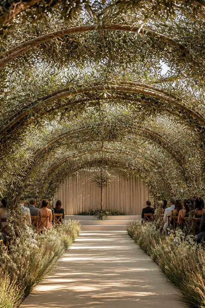 Olive branch wreath ceiling over stage entrance