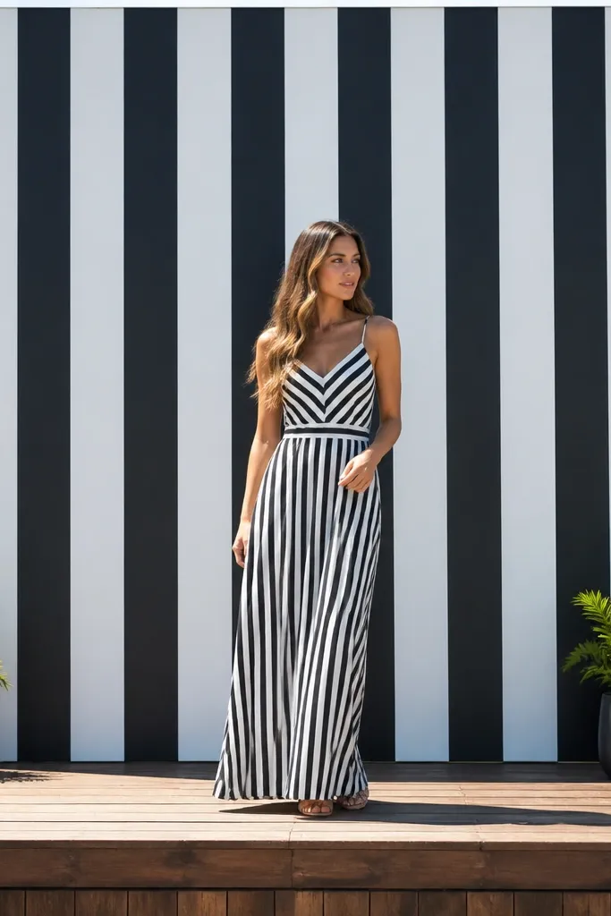 Black-and-white striped backdrop with greenery clusters in corners
