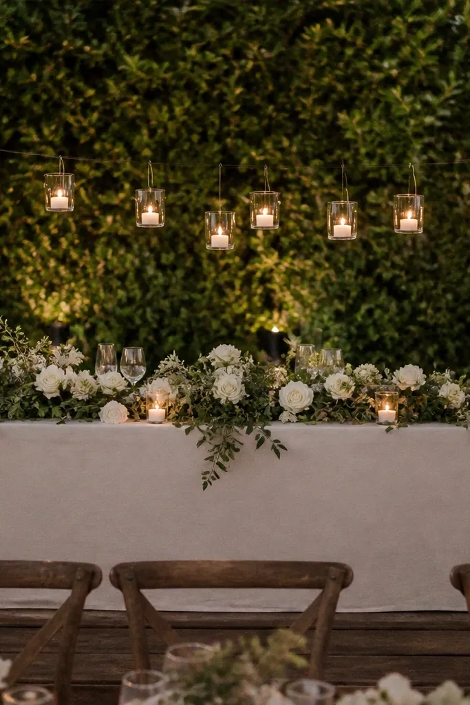 Long stage runner with floating candle line in glass holders