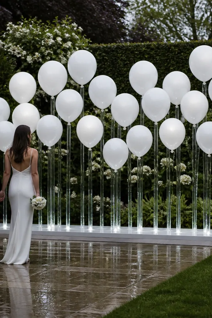 White balloon garden wall with clear stems and LED uplights