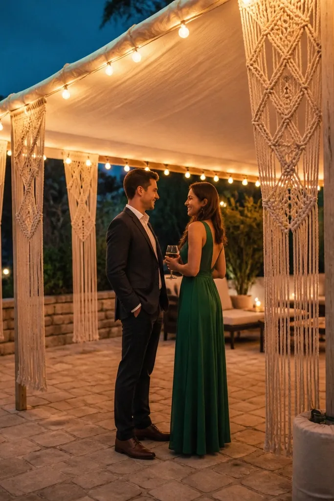 Linen canopy with macrame side panels and warm string lights