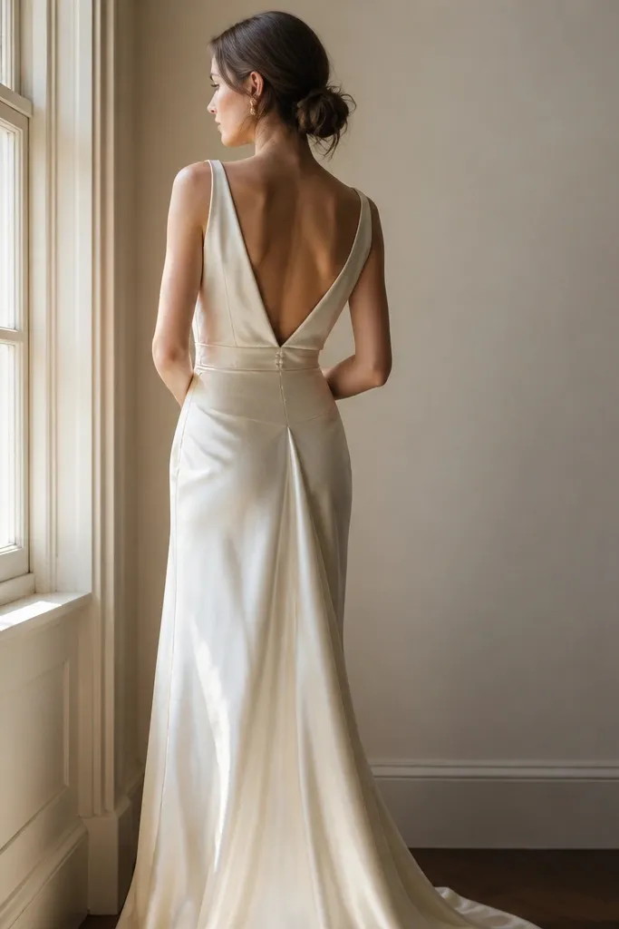 Ivory silk gown with a low V back and fitted waist panel