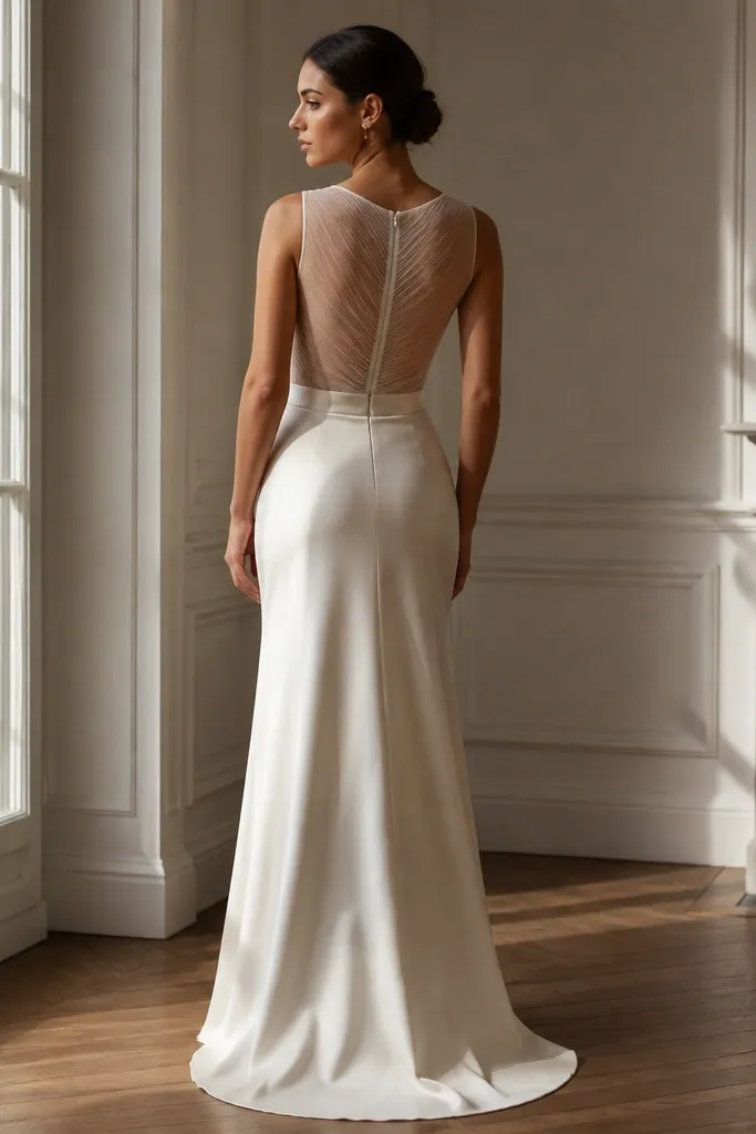 Cream silk skirt with tulle illusion back and subtle skin-toned lining