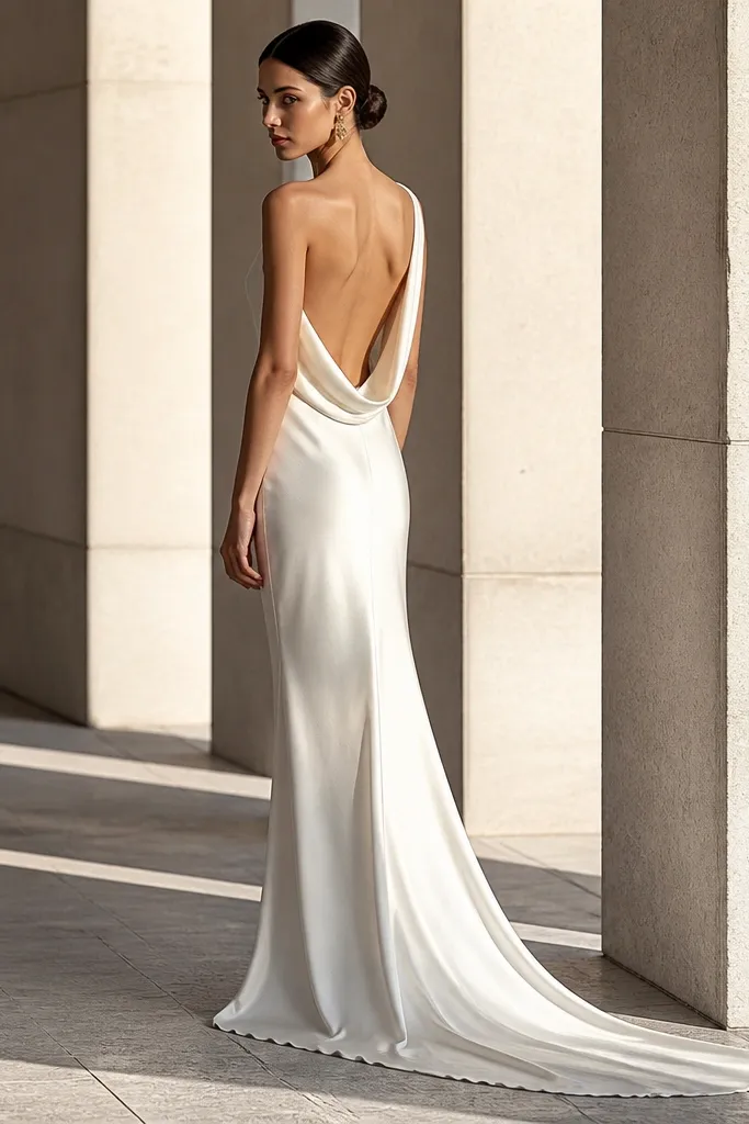 Ivory silk column gown with a wide back opening and straight train