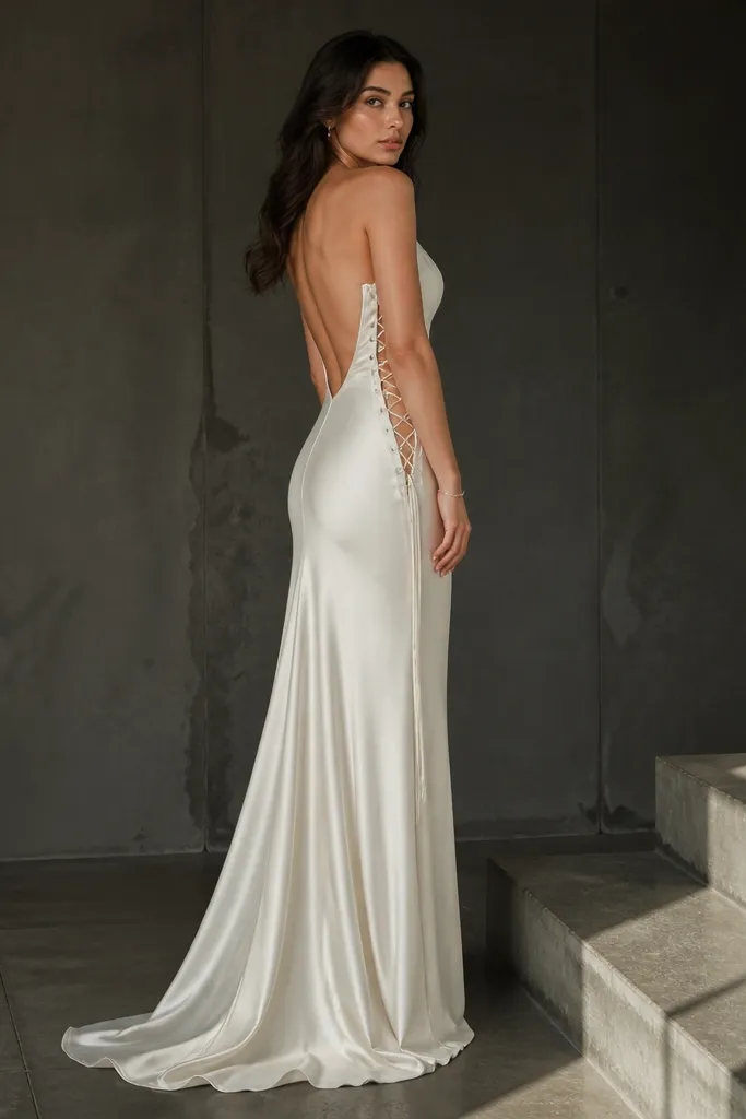 Ivory silk backless gown with lace-up side panels and structured bodice
