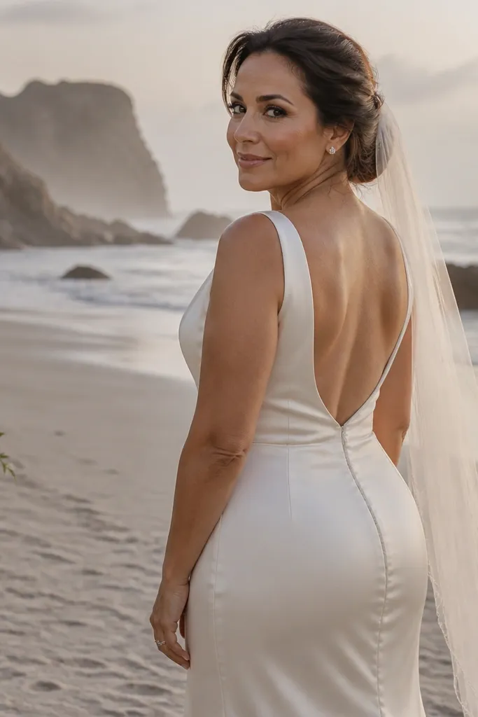 Ivory silk gown with plunging V back framed by wide straps