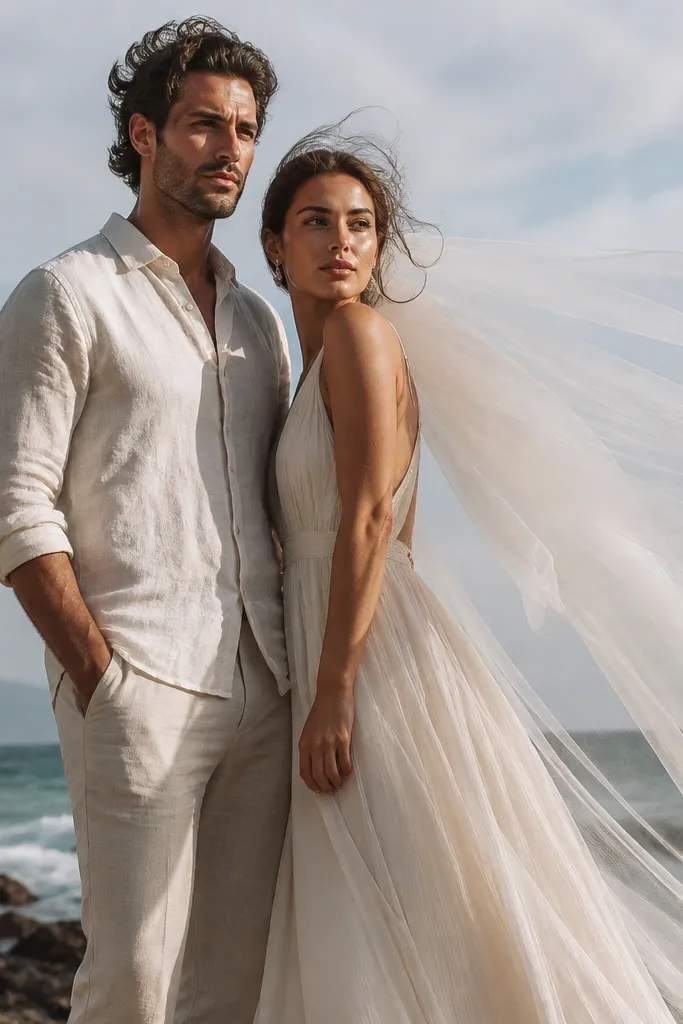 White linen outfit with a flowing tulle veil moving in ocean wind