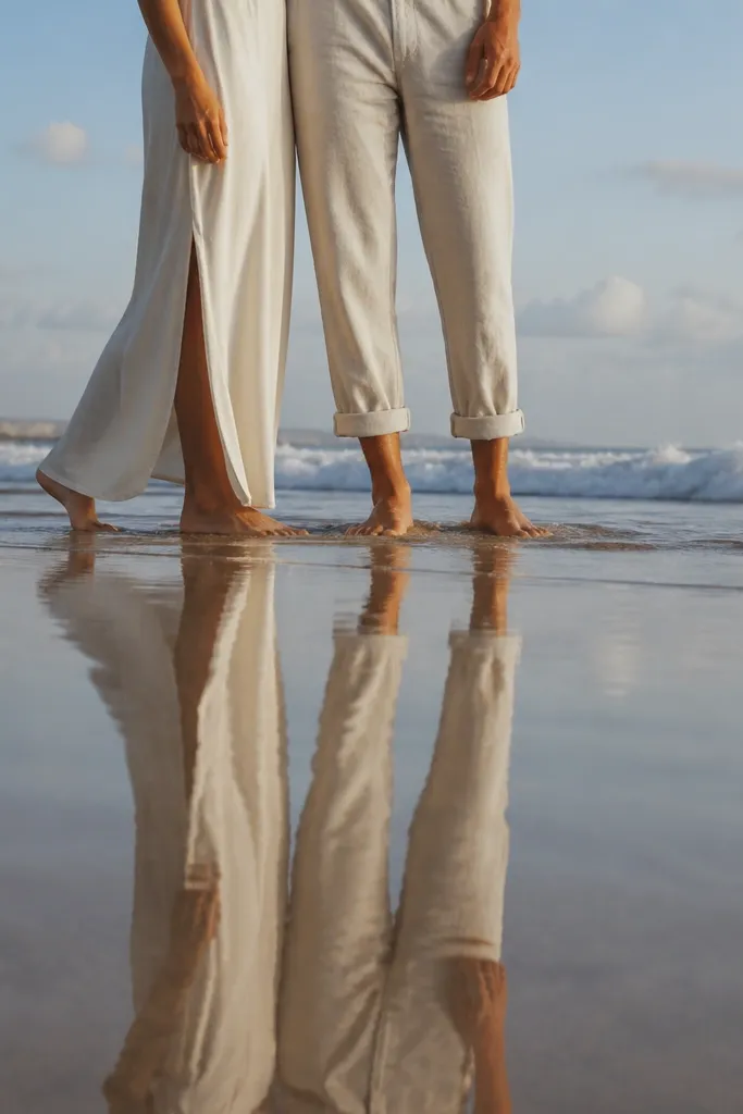 Couple standing on wet sand with rolled hems and soft reflections