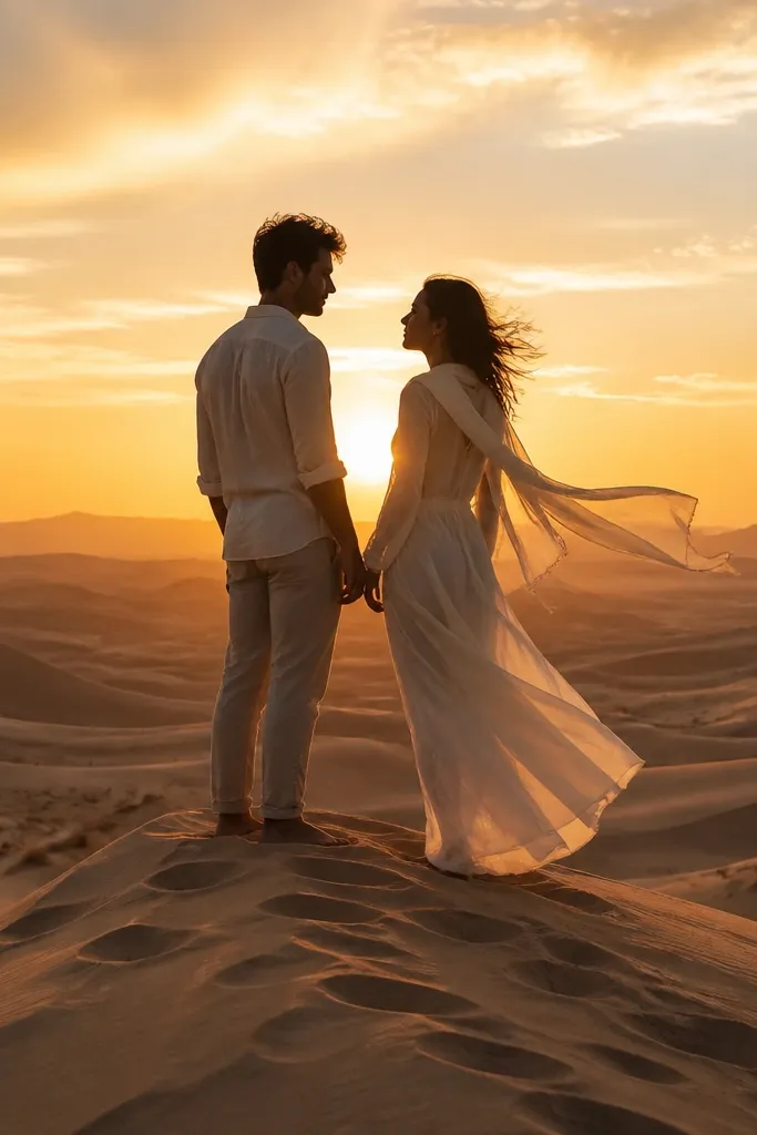 Couple framed by sandy dunes with warm sunset backlight and soft silhouettes