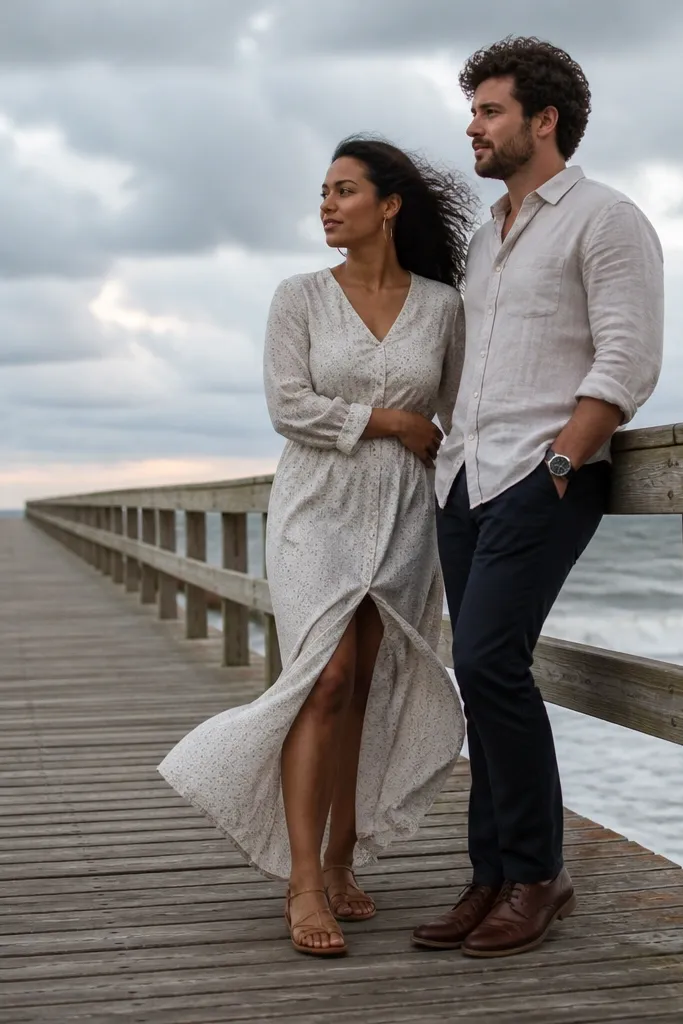 Couple walking a beach boardwalk with flowing skirt and straight rail lines