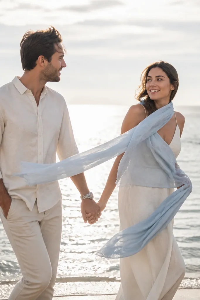 Hand-in-hand couple on shoreline with a scarf catching wind in turns