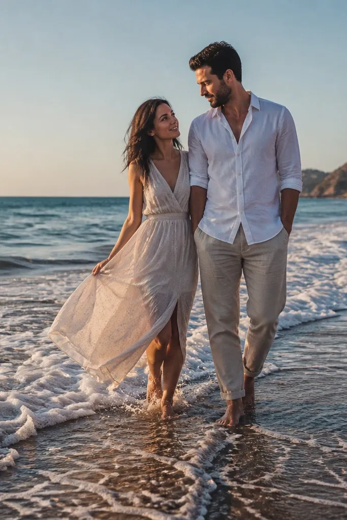 Open-collar white shirt couple at waterline with rolled sleeves and relaxed posture