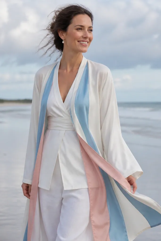 White wedding outfit with a color-blocked cover-up fluttering in wind