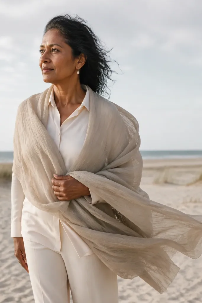 Neutral gauze wrap lifted and tossed over shoulders on a breezy beach