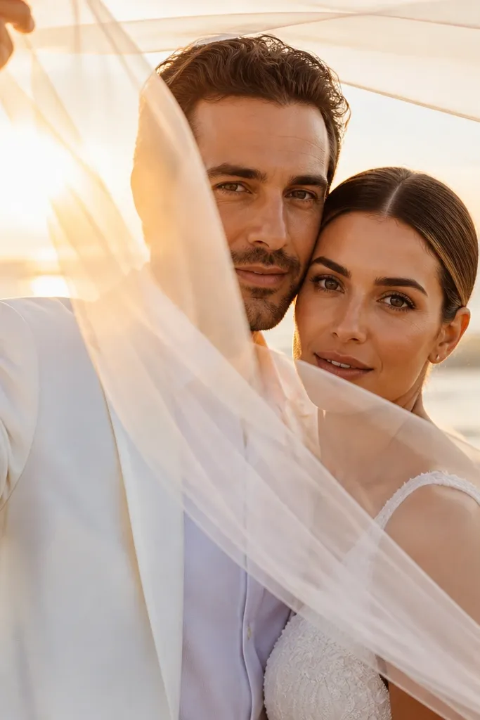 Couple framed by sheer fabric creating sun flare across beach horizon