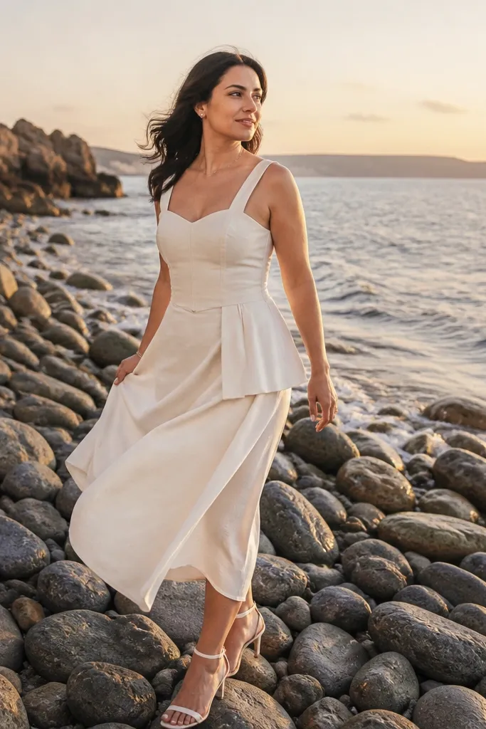 Tailored linen and flowy dress against clean rocks near the ocean