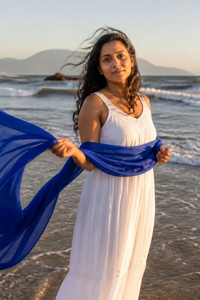 Couple holding a scarf between their hands with wind lifting it on the beach