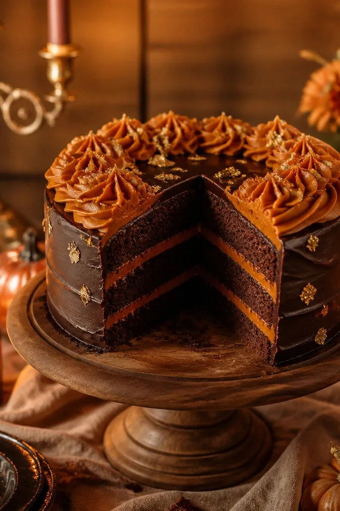 Burnt orange cake with dark brown chocolate drips and gold leaf accents