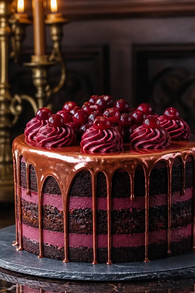 Deep cranberry cake with espresso brown layers and copper-colored glaze swirls