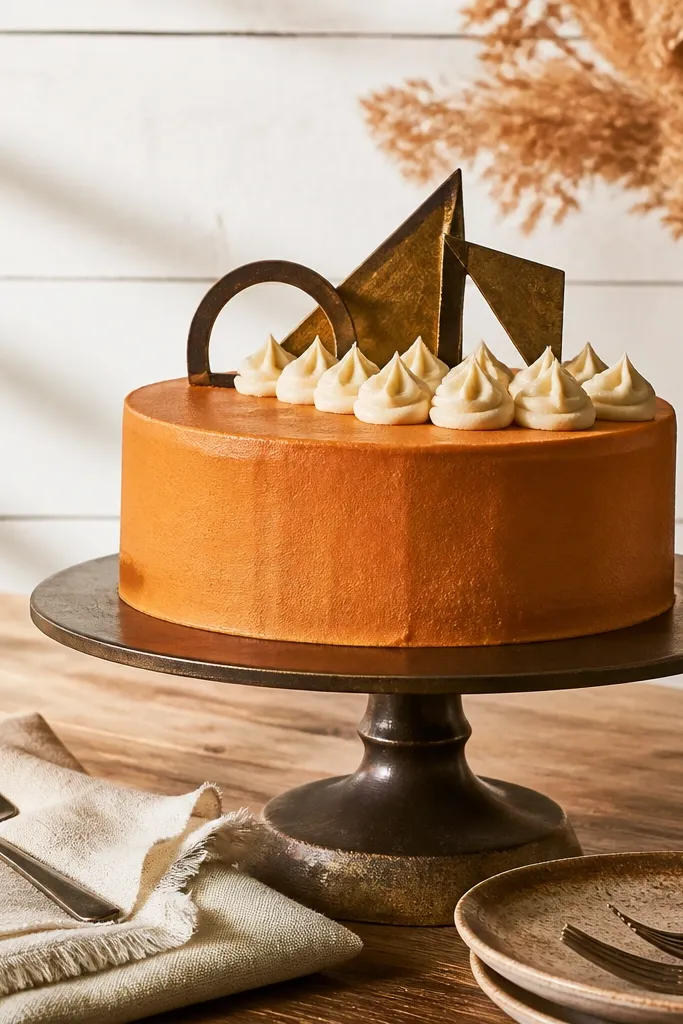 Burnt sienna buttercream cake with oat cream accents and dark bronze leaf garnish