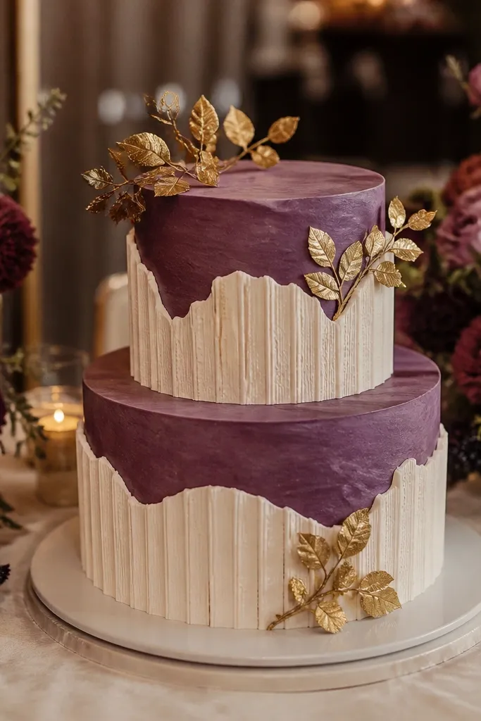Fig purple cake with vanilla cream filling and antique gold sugar decorations