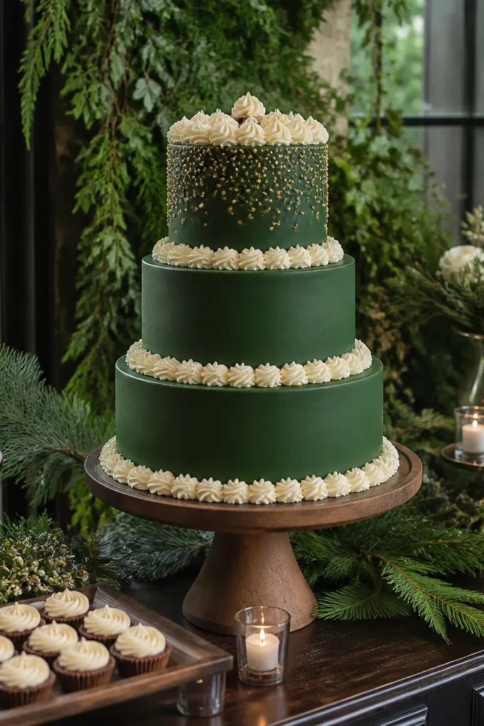 Forest green cake with maple cream swirls and champagne gold accents