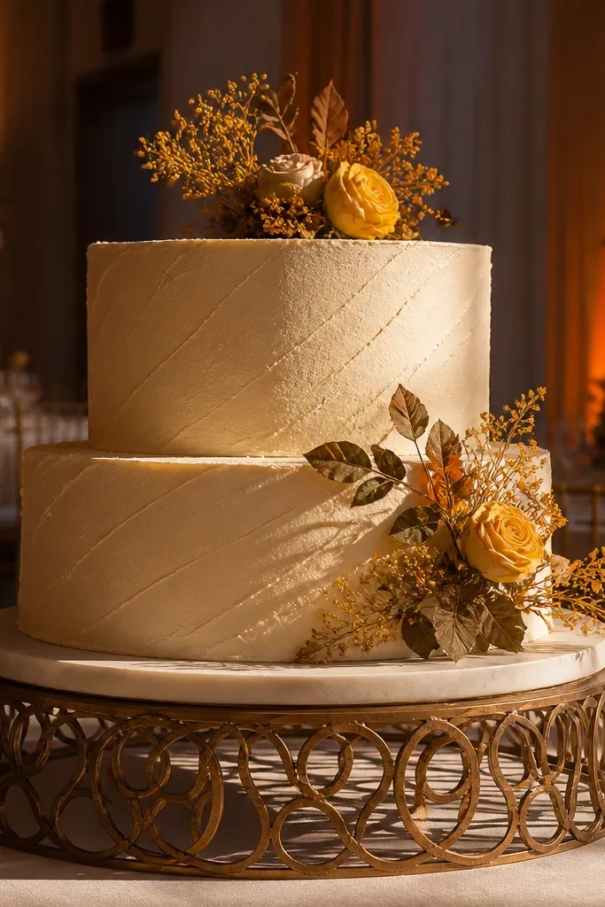 Saffron yellow cake with warm white piping and antique brass leaf decor