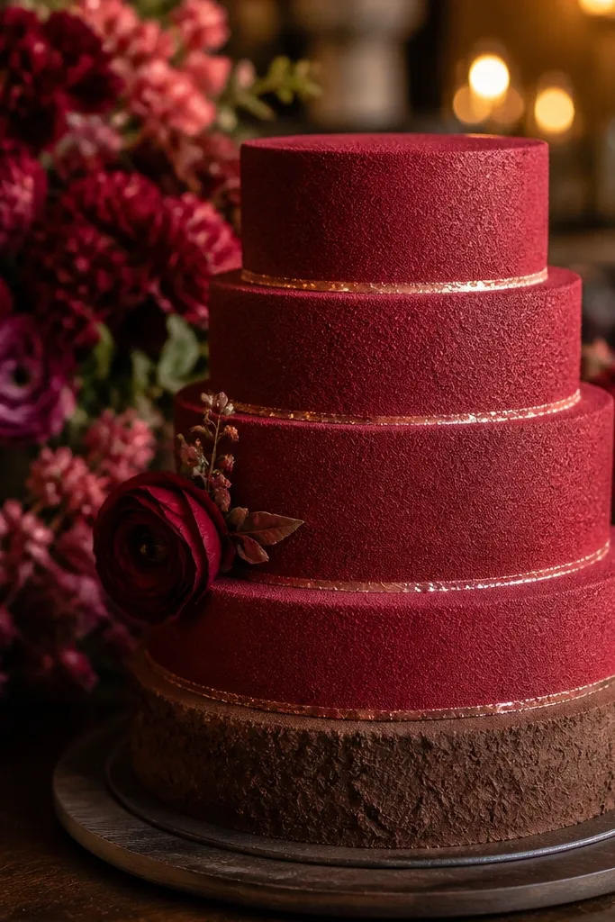 Pomegranate red cake with mocha brown layers and rose gold dusting