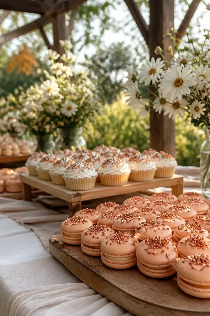 Smoked peach cake with vanilla bean frosting and copper sprinkles on edges