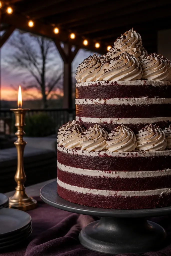 Smoked plum cake with cream frosting swirls and dark cocoa powder dust