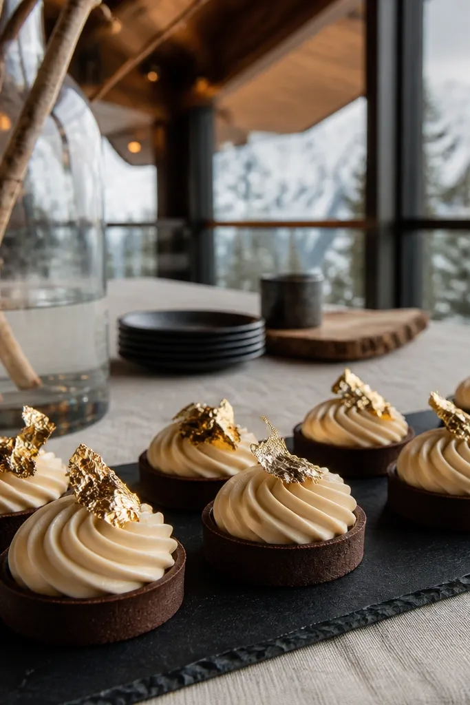 Teak brown cake with almond cream filling and gold leaf flecks on top
