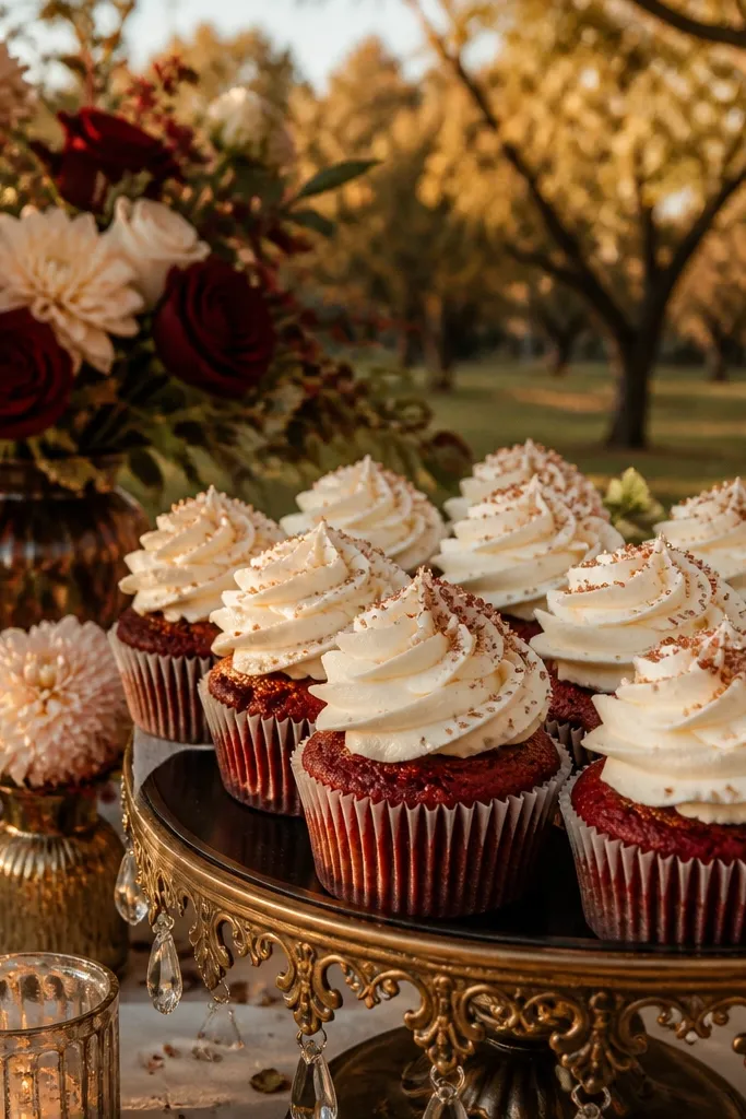 Berry red velvet cake with vanilla rose frosting and burnished bronze accents