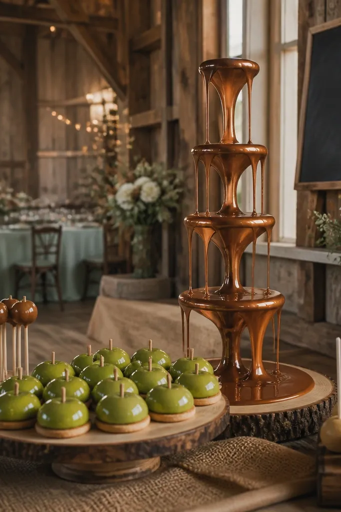 Caramel apple green cake with warm tan base and copper candy drip details