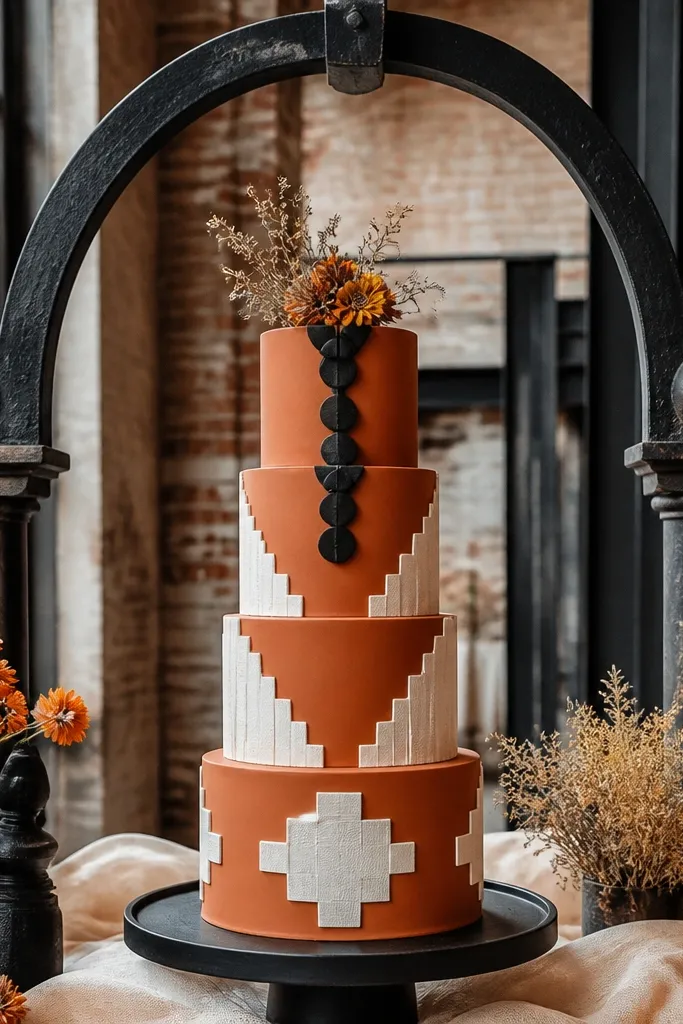 Rust orange cake with creamy white piping and black iron-style decorative accents