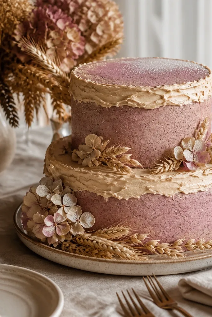 Dried rose mauve cake with oat bisque frosting and rose champagne shimmer accents