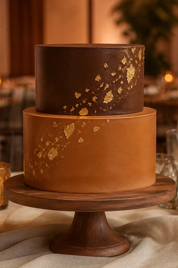 Chocolate hazelnut cake with caramel toffee swirls and dark gold leaf on top