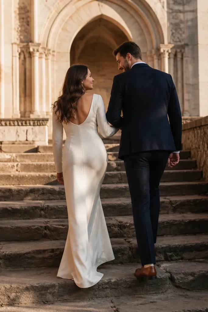 Couple walking on old stone steps with soft golden light